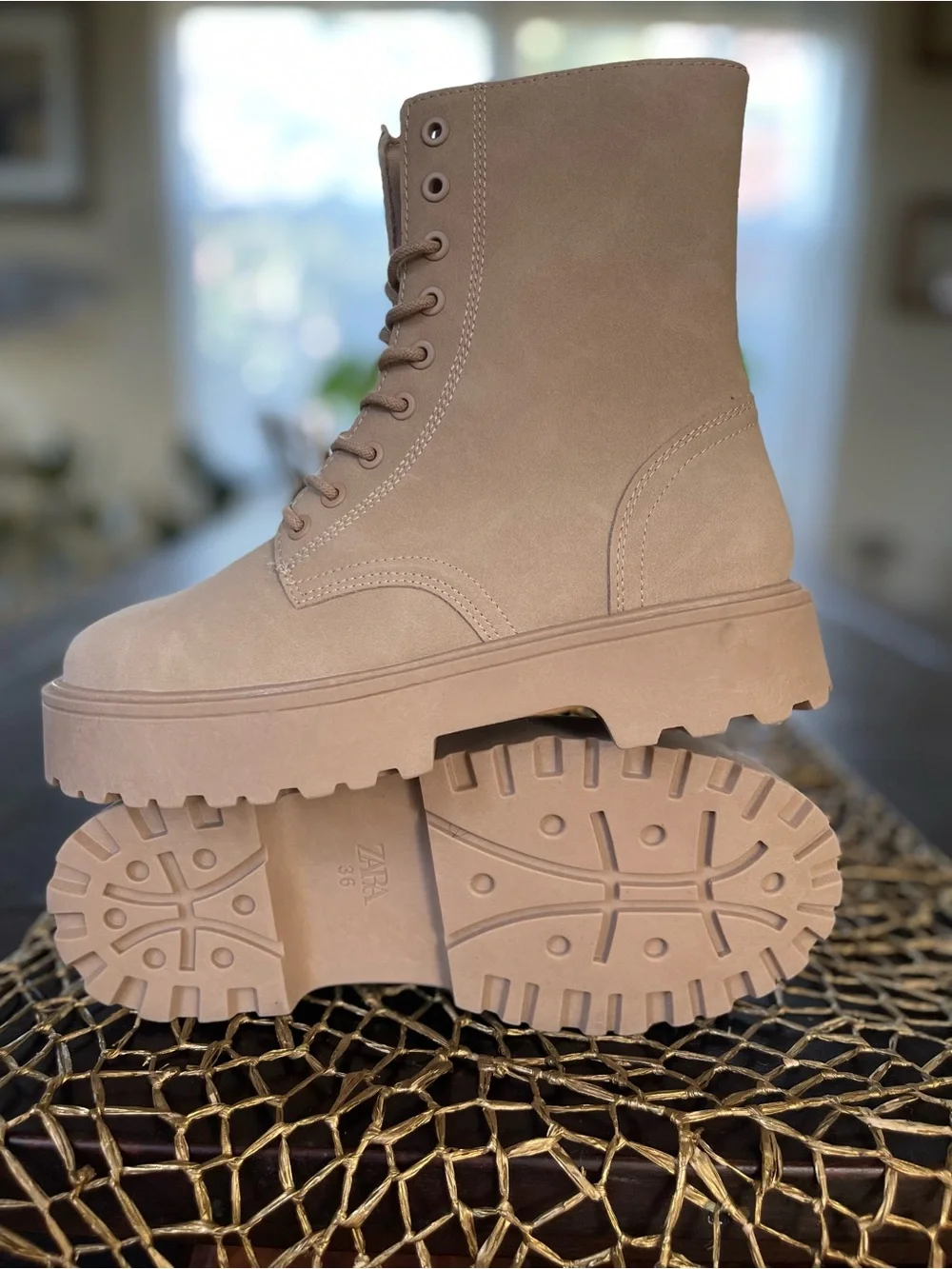 Zara Girls Suede-Like Lace-Up Platform Ankle Boots - Beige
